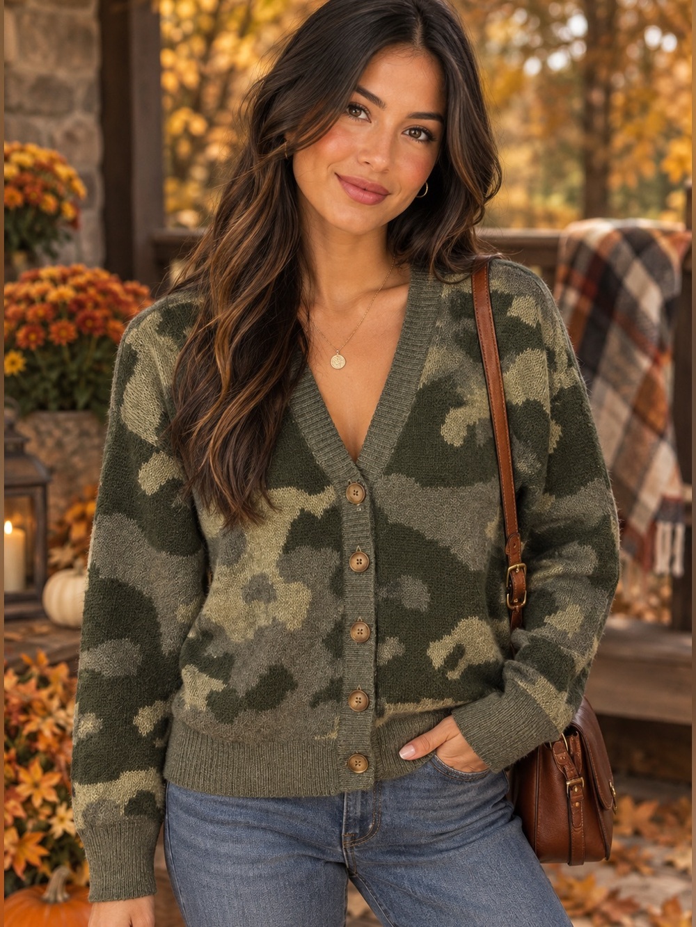 Lucky Brand Olive Green Camo V-Neck Button-Front Cardigan women’s size medium